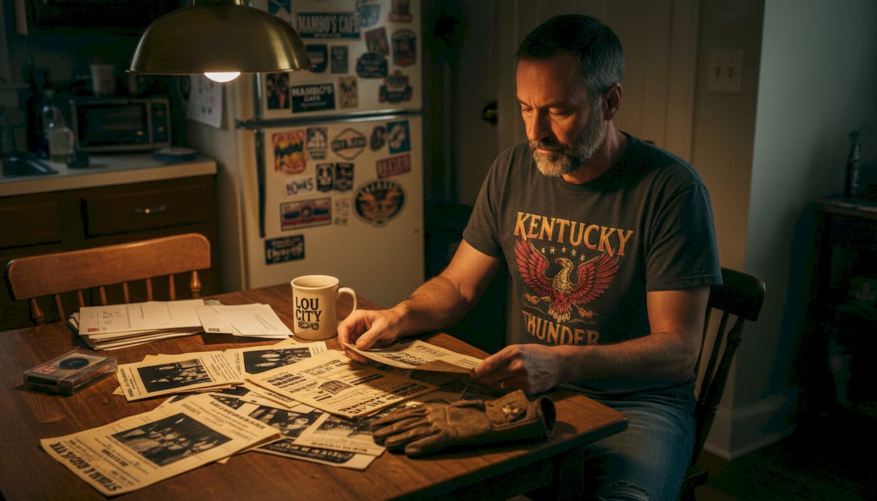 Louisville drummer sorting band memorabilia