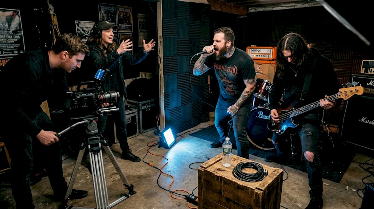 Video crew filming metal band rehearsal
