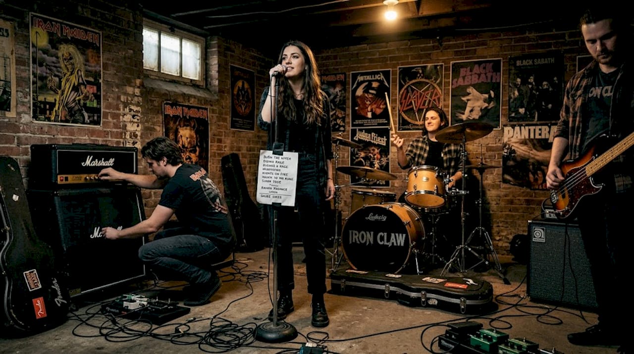 Band rehearsing in cluttered garage studio