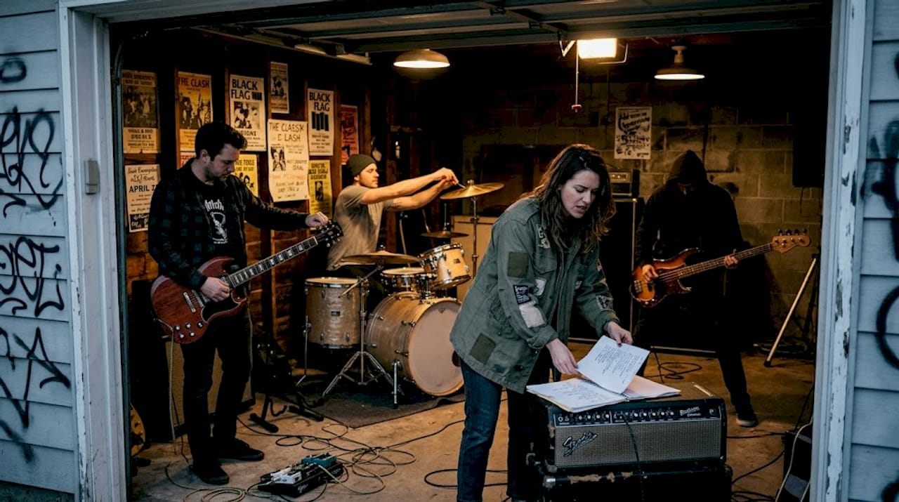 Band rehearsing hard rock and metal in a messy basement
