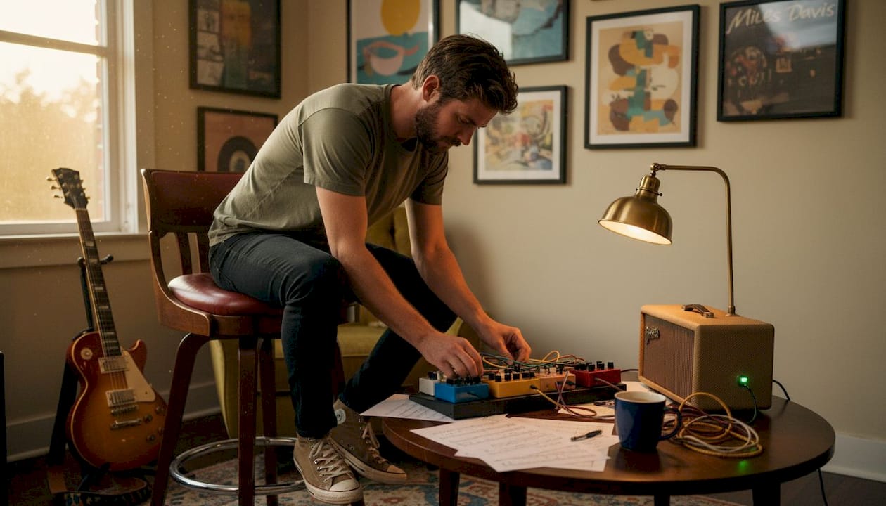Guitarist adjusts pedals in retro studio