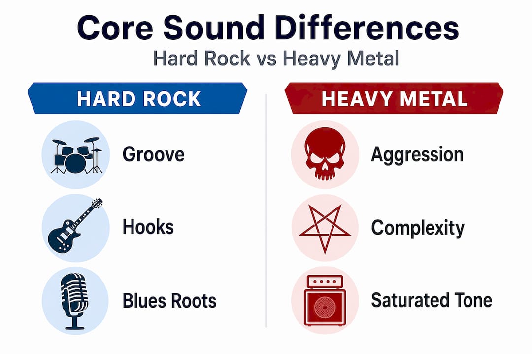 Infographic comparing hard rock and heavy metal core traits