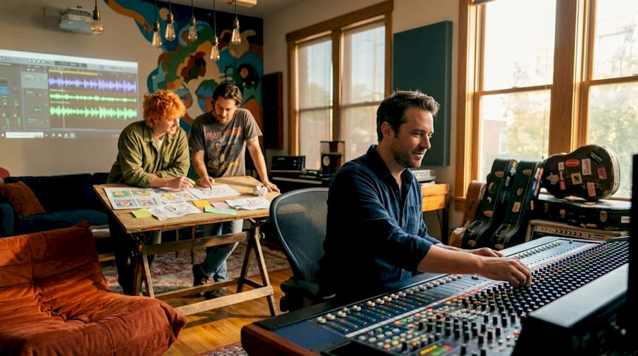 Rock musicians and engineer planning video in studio