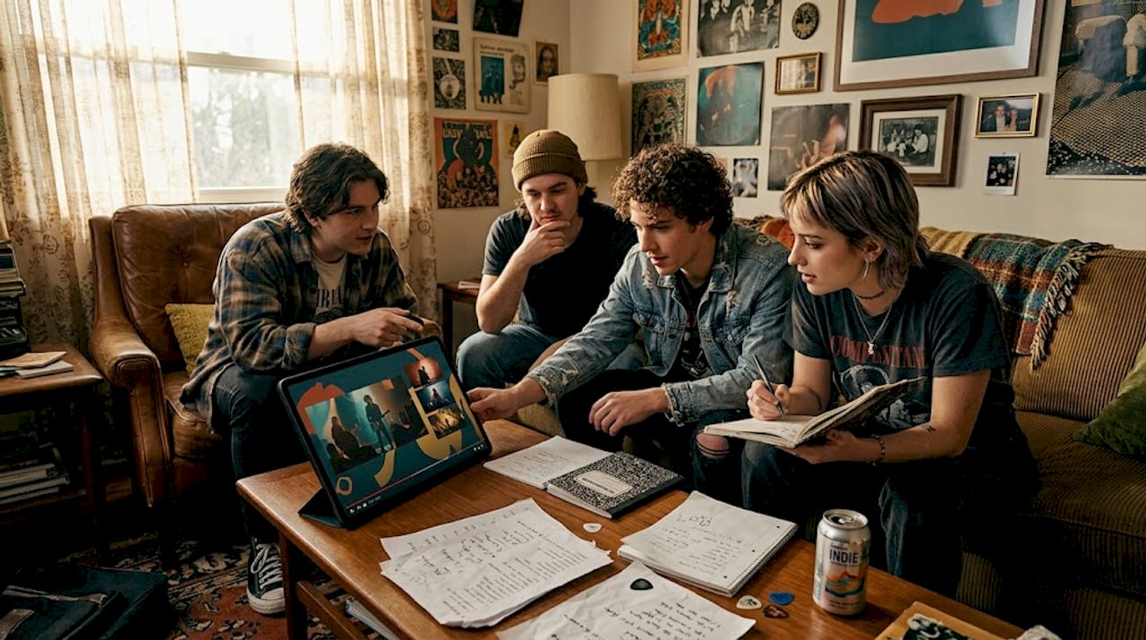 Band analyzing music video on laptop at home
