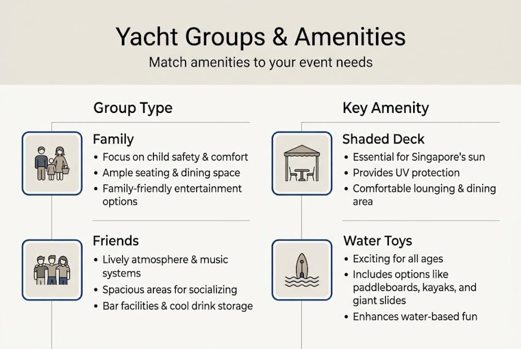 Infographic group types and key amenities on yachts