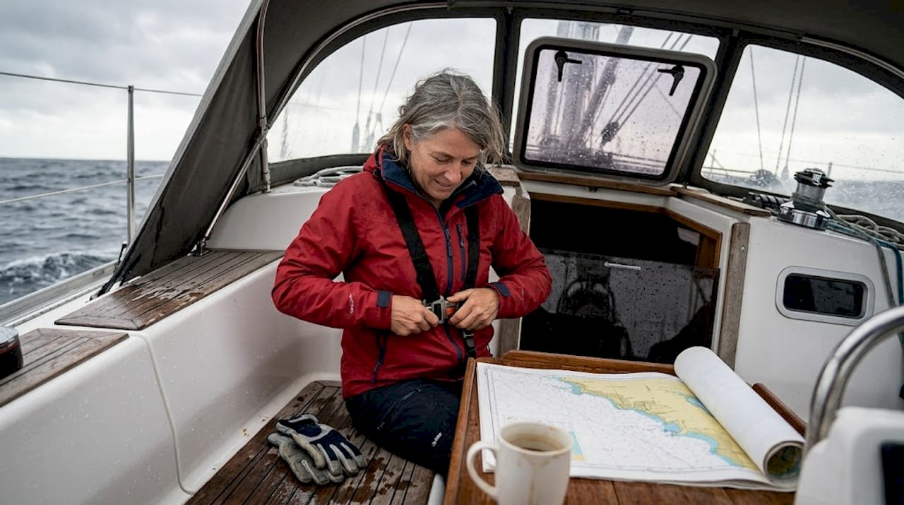 Sailor prepares harness in storm-proof yacht cockpit