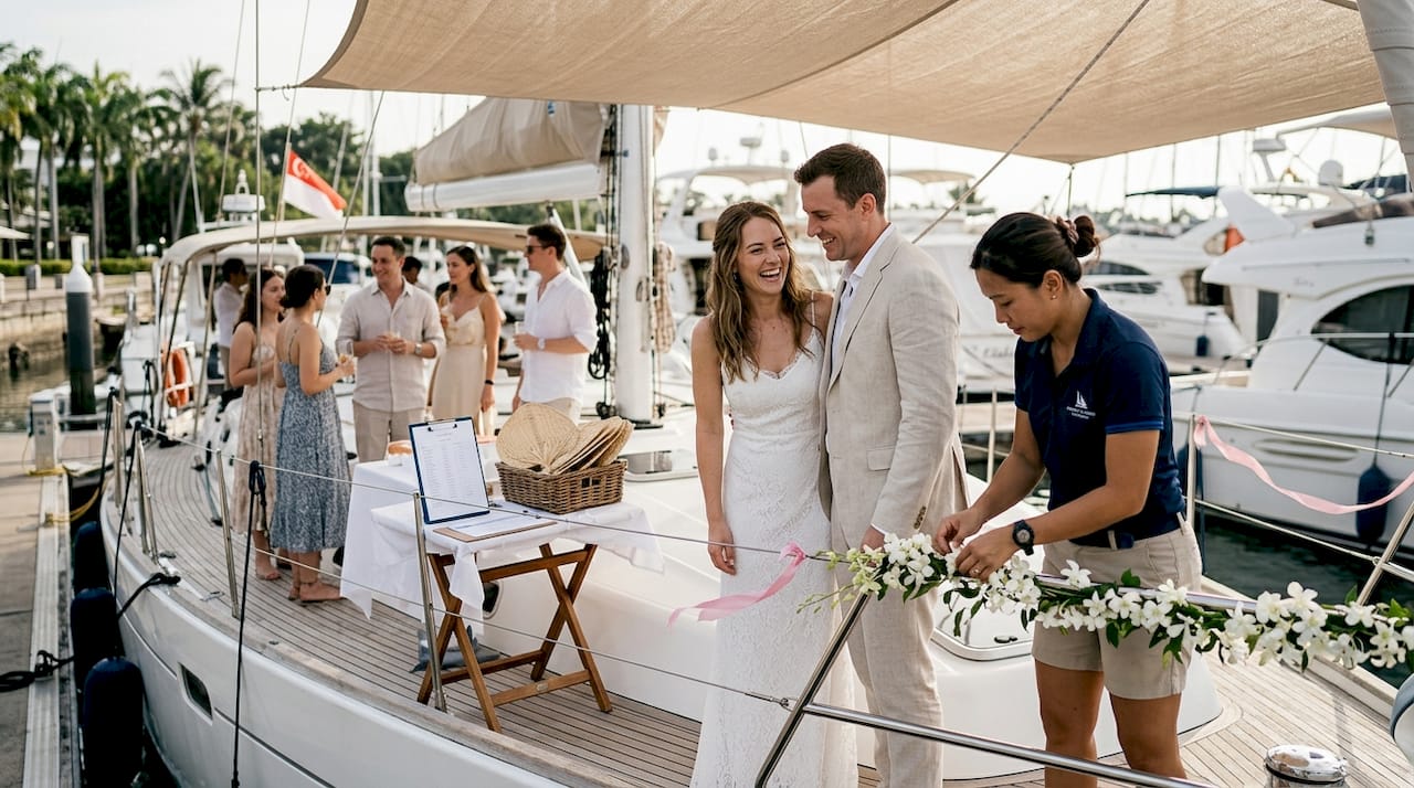 Wedding preparations on yacht at Sentosa Cove