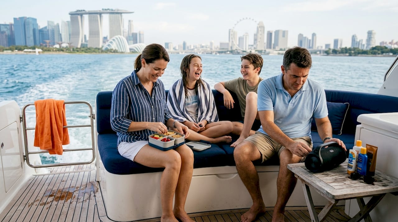 Family preparing for yacht cruise activities