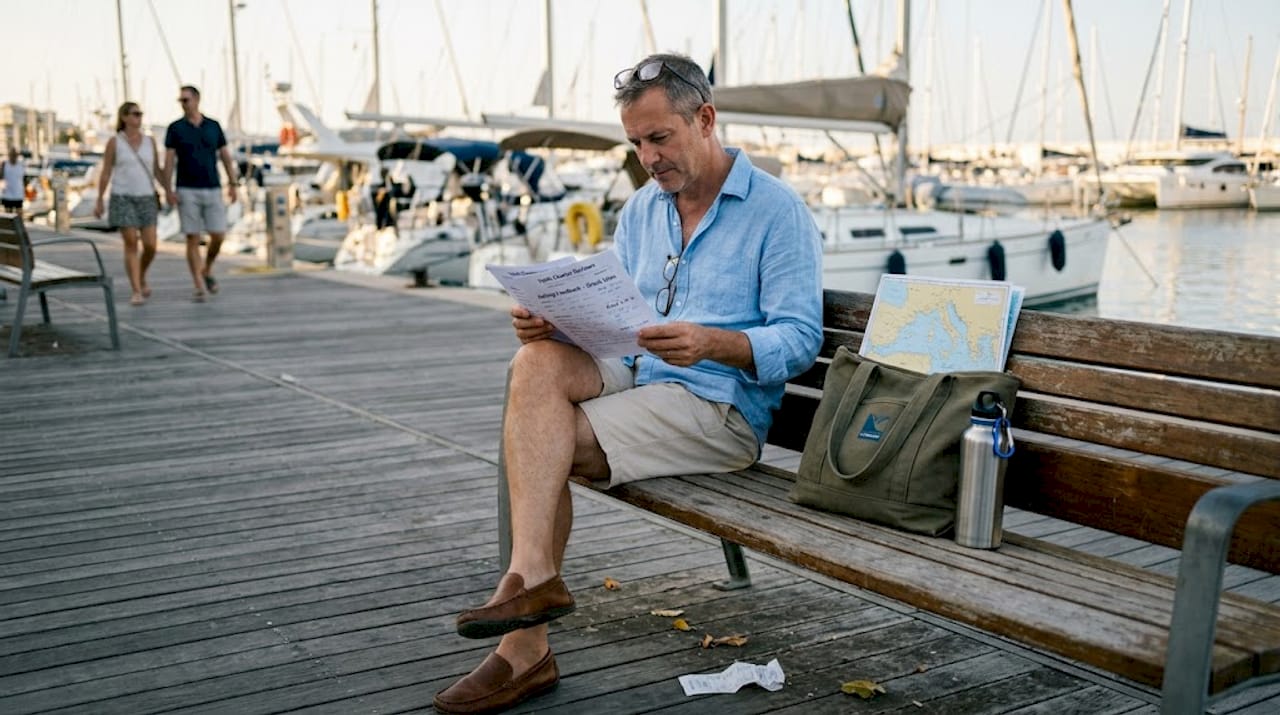 Man reading printed yacht reviews by marina