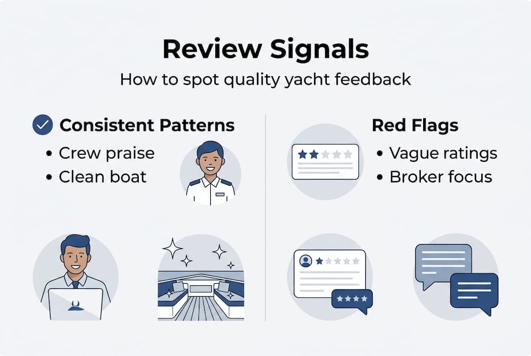 Infographic with yacht review signs and red flags