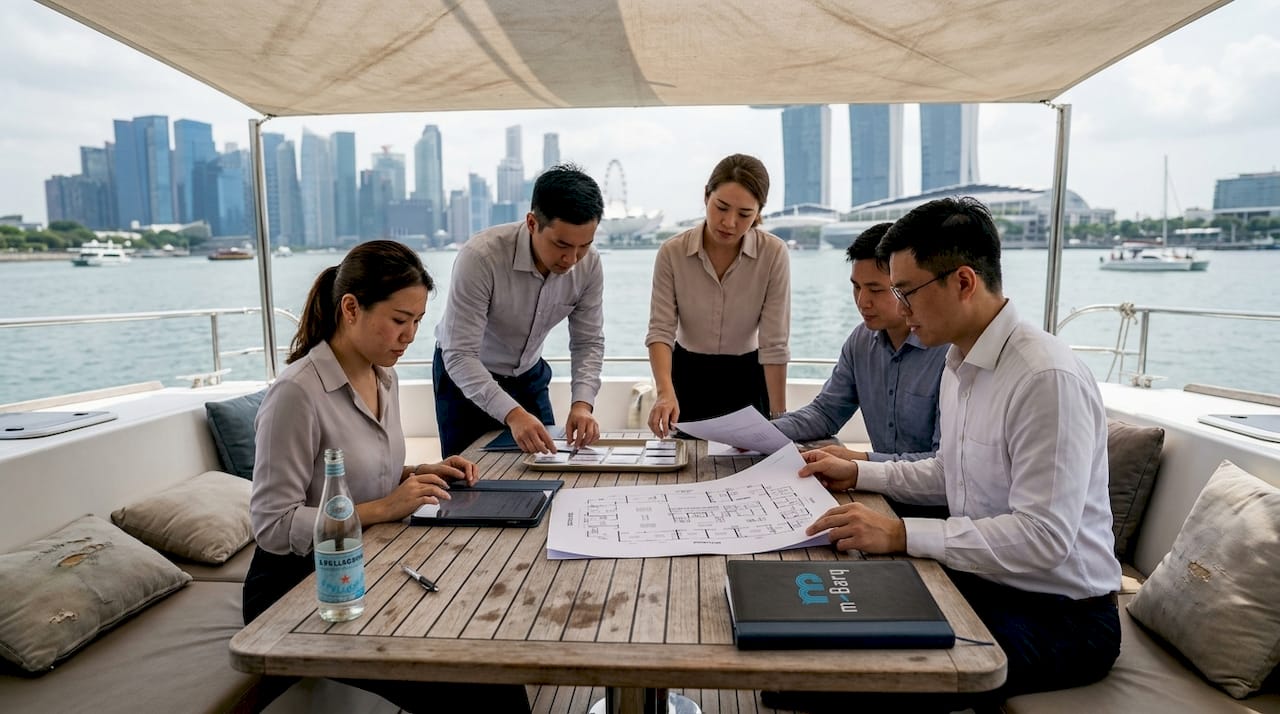 Professionals planning event on catamaran