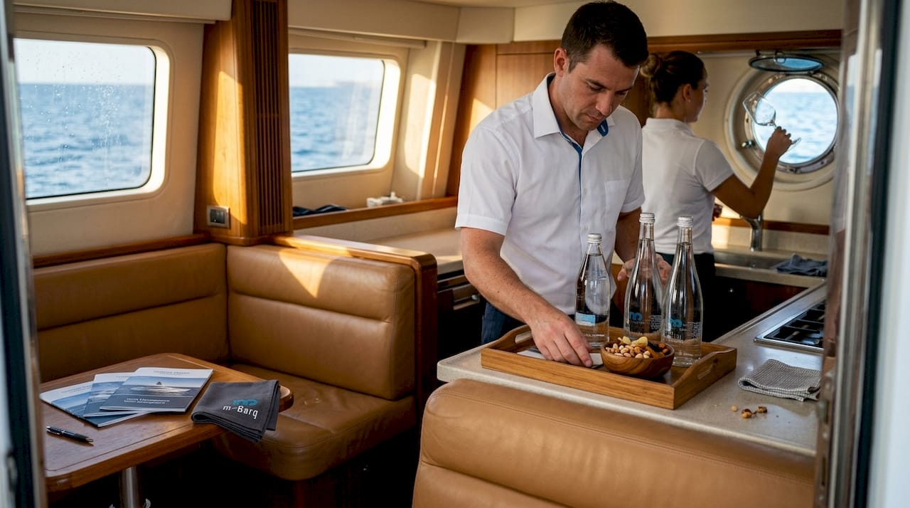 Yacht interior prepared with amenities for guests