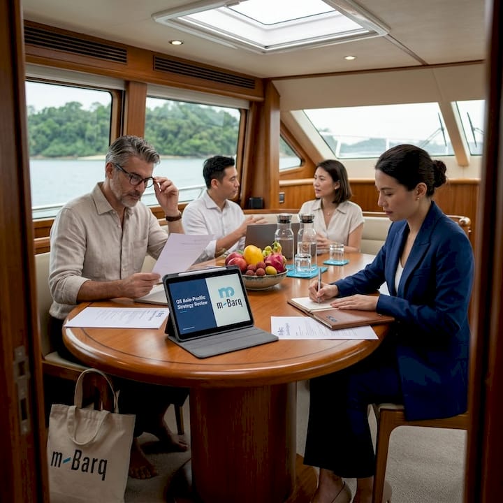 Executive team in yacht cabin meeting