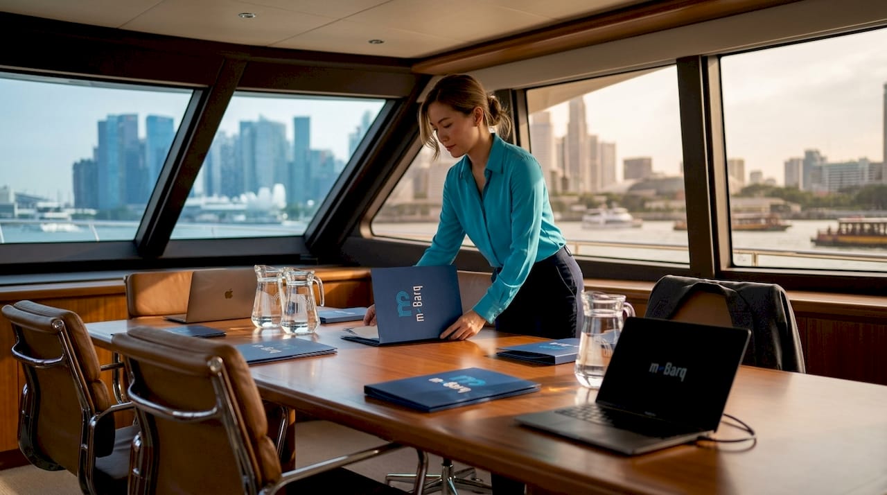Event coordinator setting corporate table onboard yacht