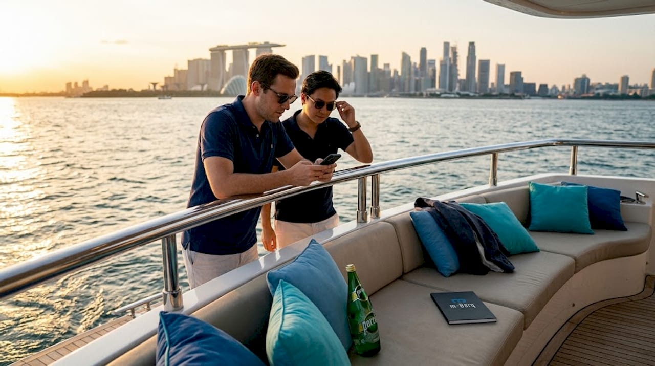 Colleagues on yacht with sunset city view