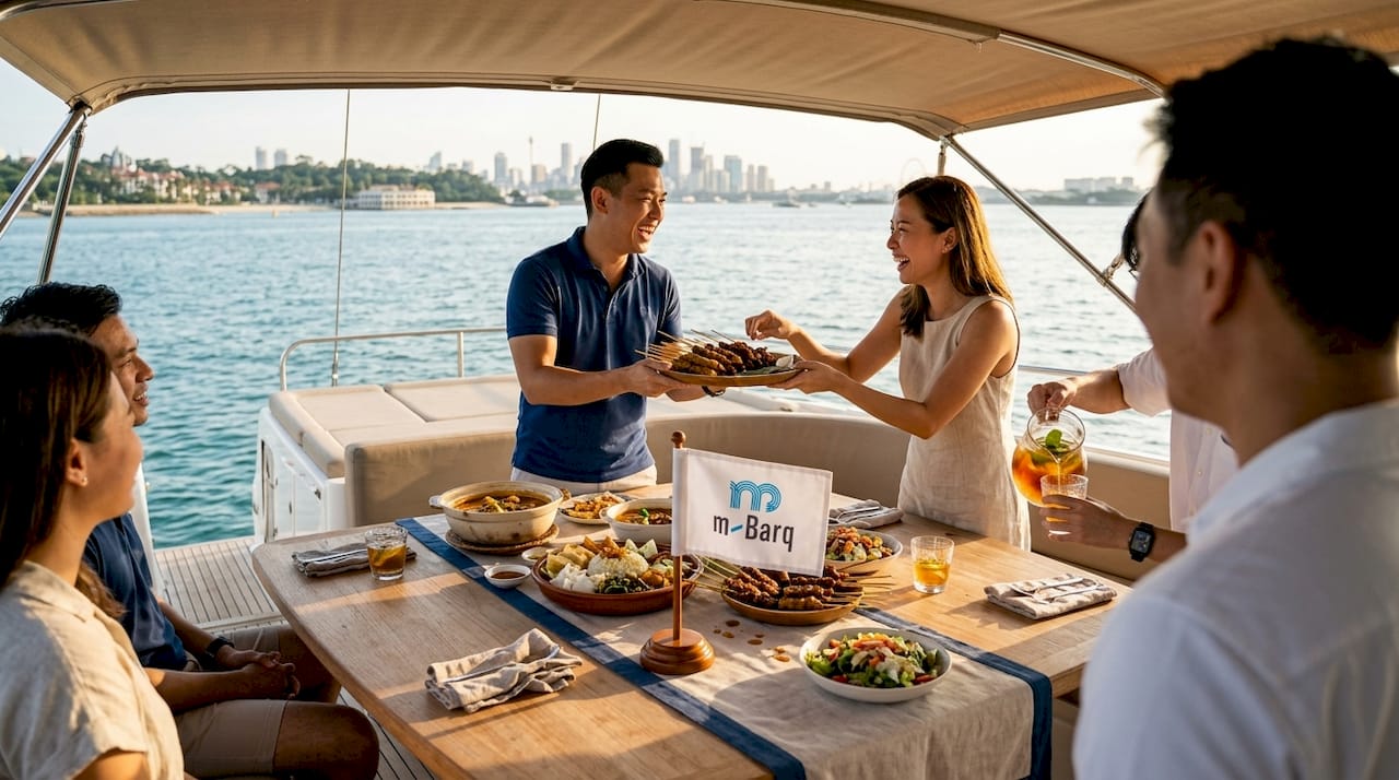 Group enjoying catered meal on yacht deck