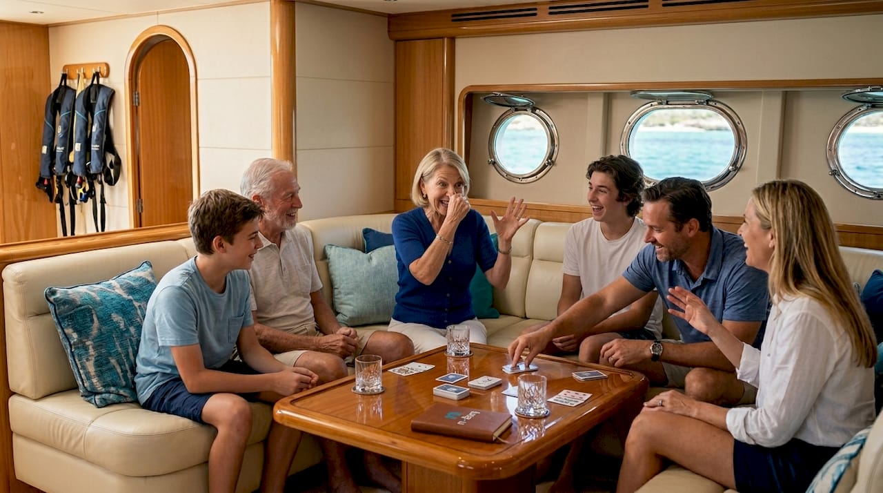 Family group plays charades inside yacht cabin