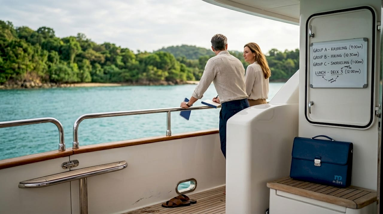Colleagues planning activities aboard anchored yacht