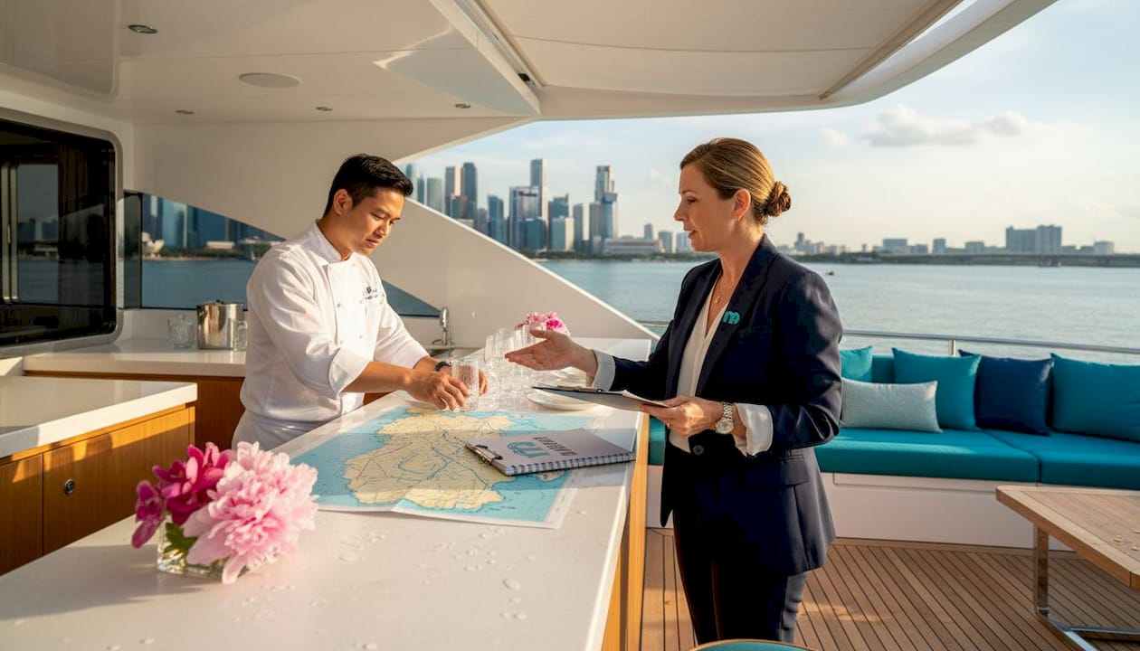 Planner checks yacht amenities before wedding