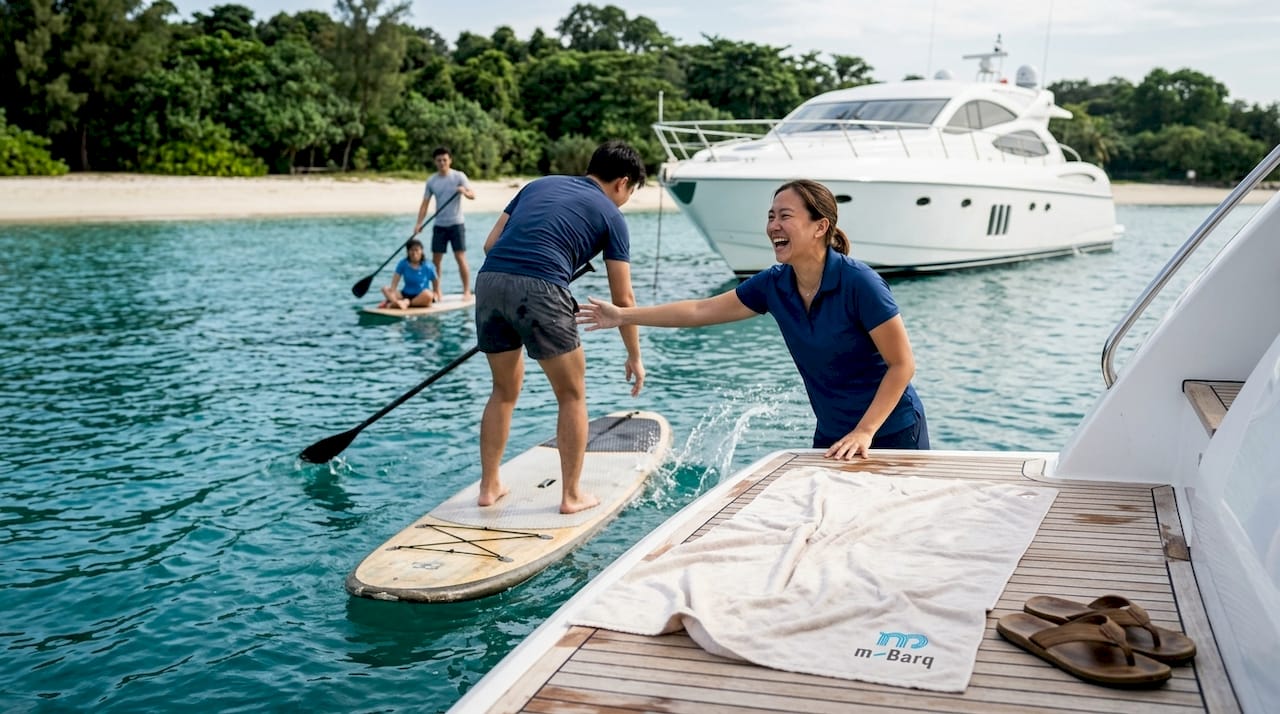 Coworkers team building with paddleboards near yacht
