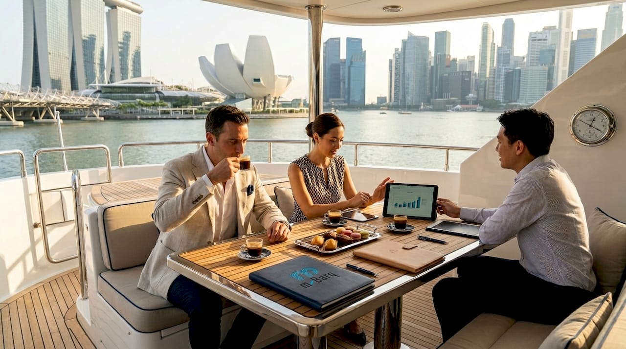 Team relaxing on yacht deck during event