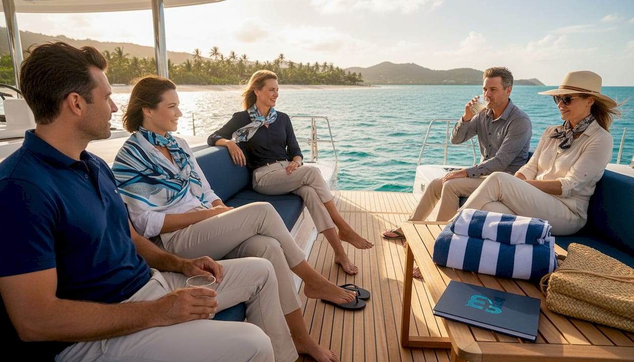 Corporate team relaxing aboard chartered yacht