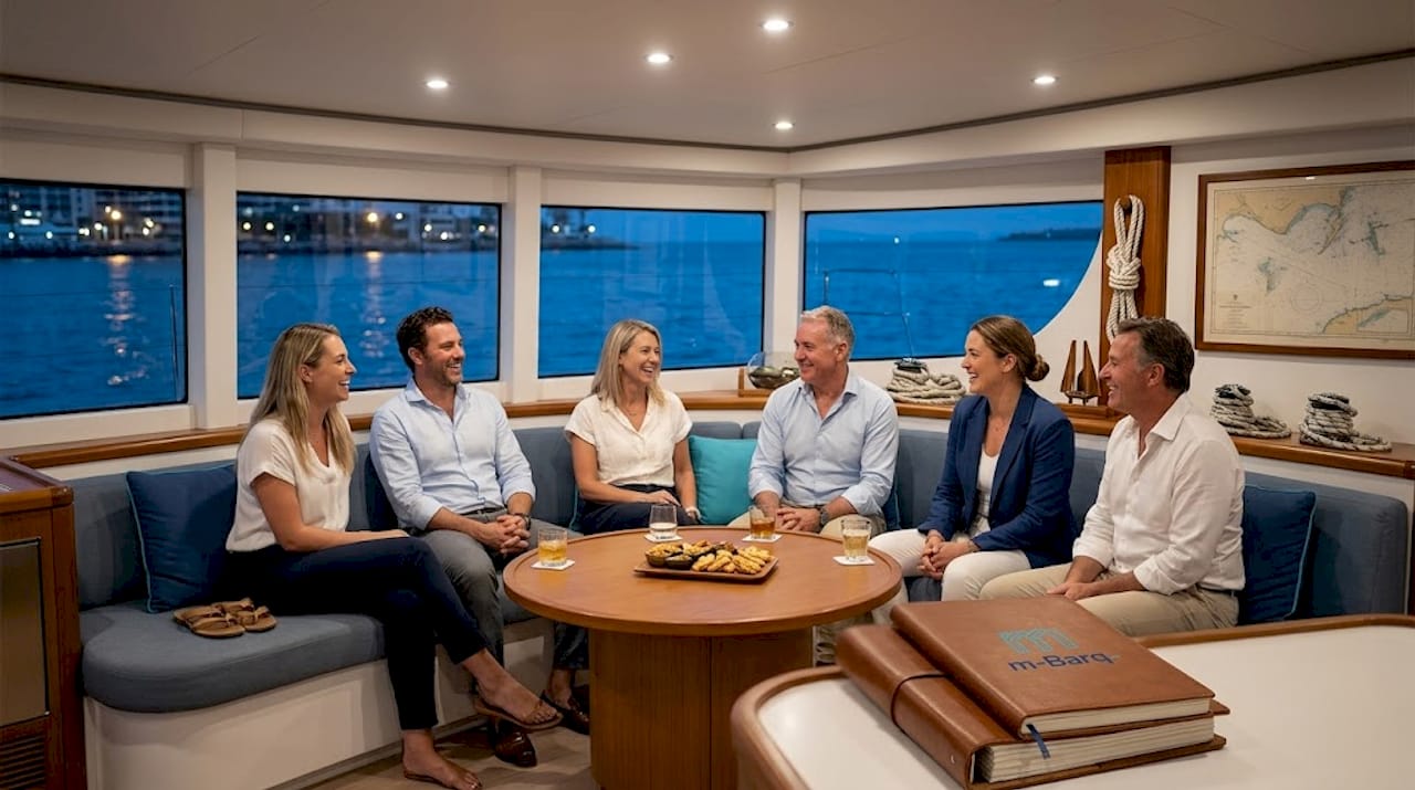 Guests socializing inside a stable catamaran lounge