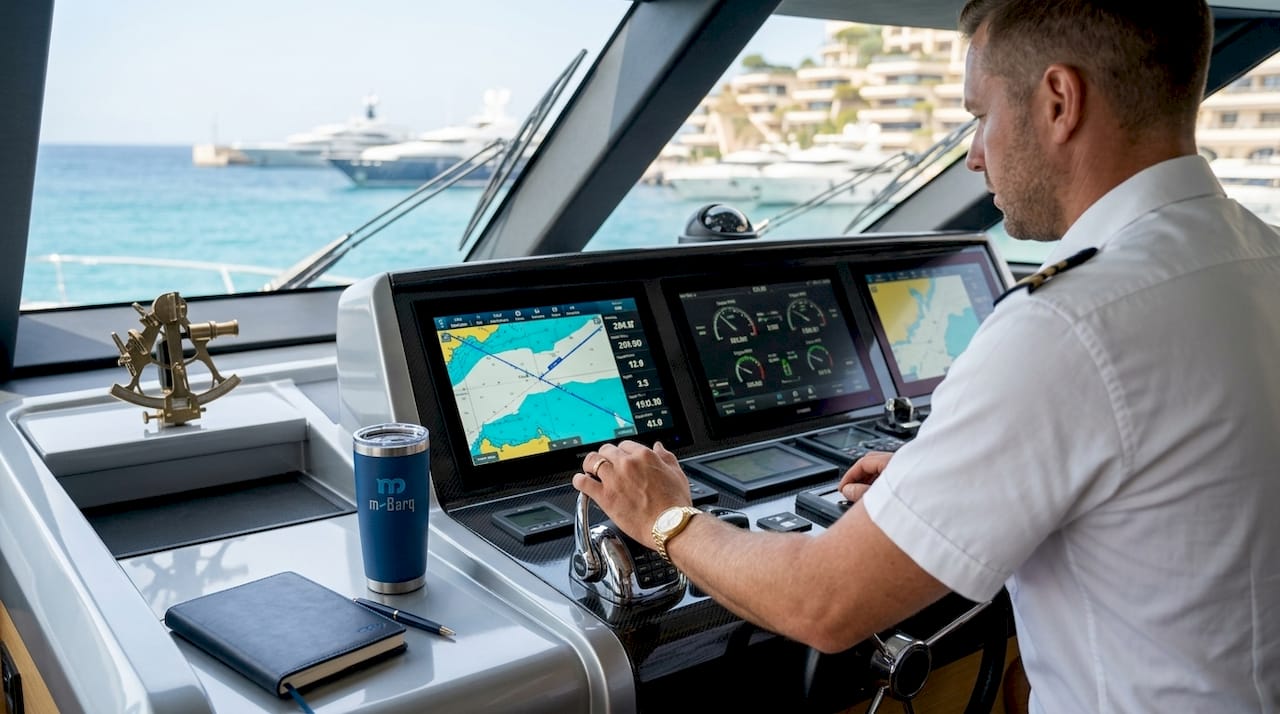 Yacht captain navigating with electronic controls