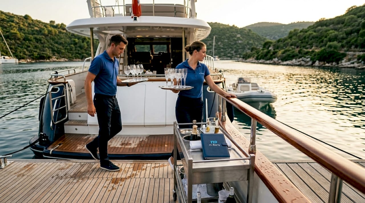 Yacht crew prepping vessel for event guests