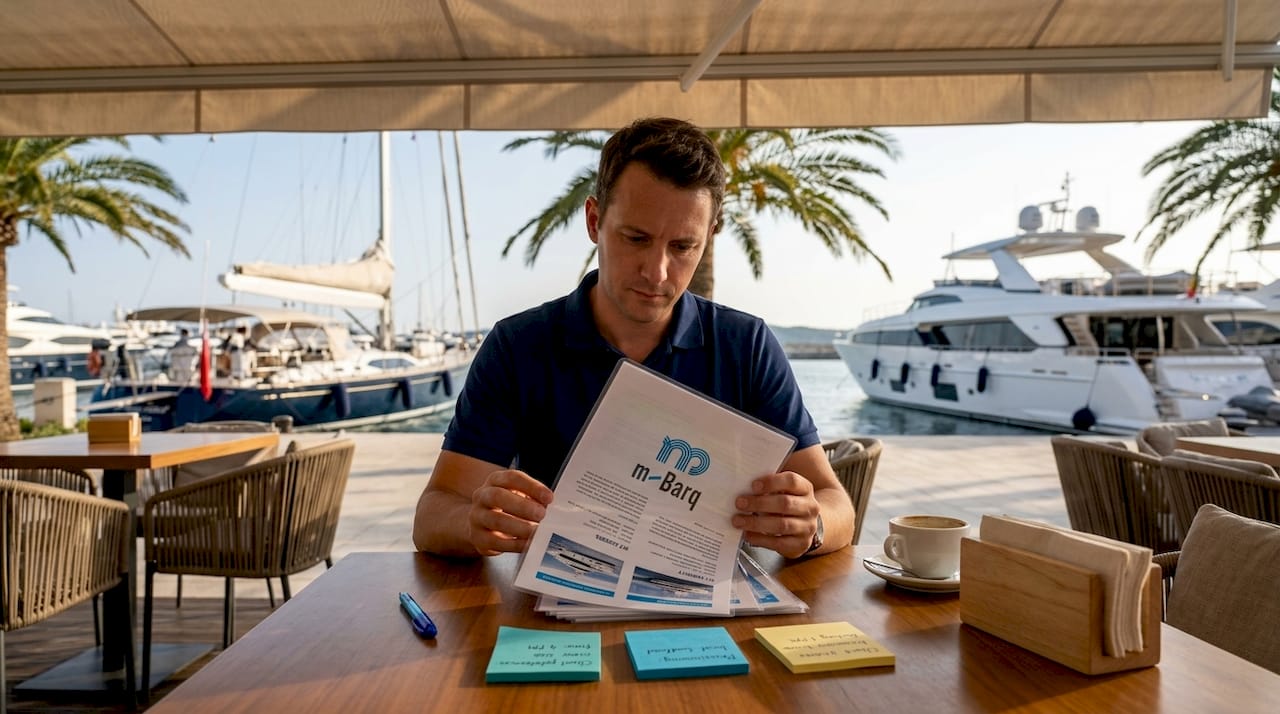 Agent comparing sailing and motor yachts at marina