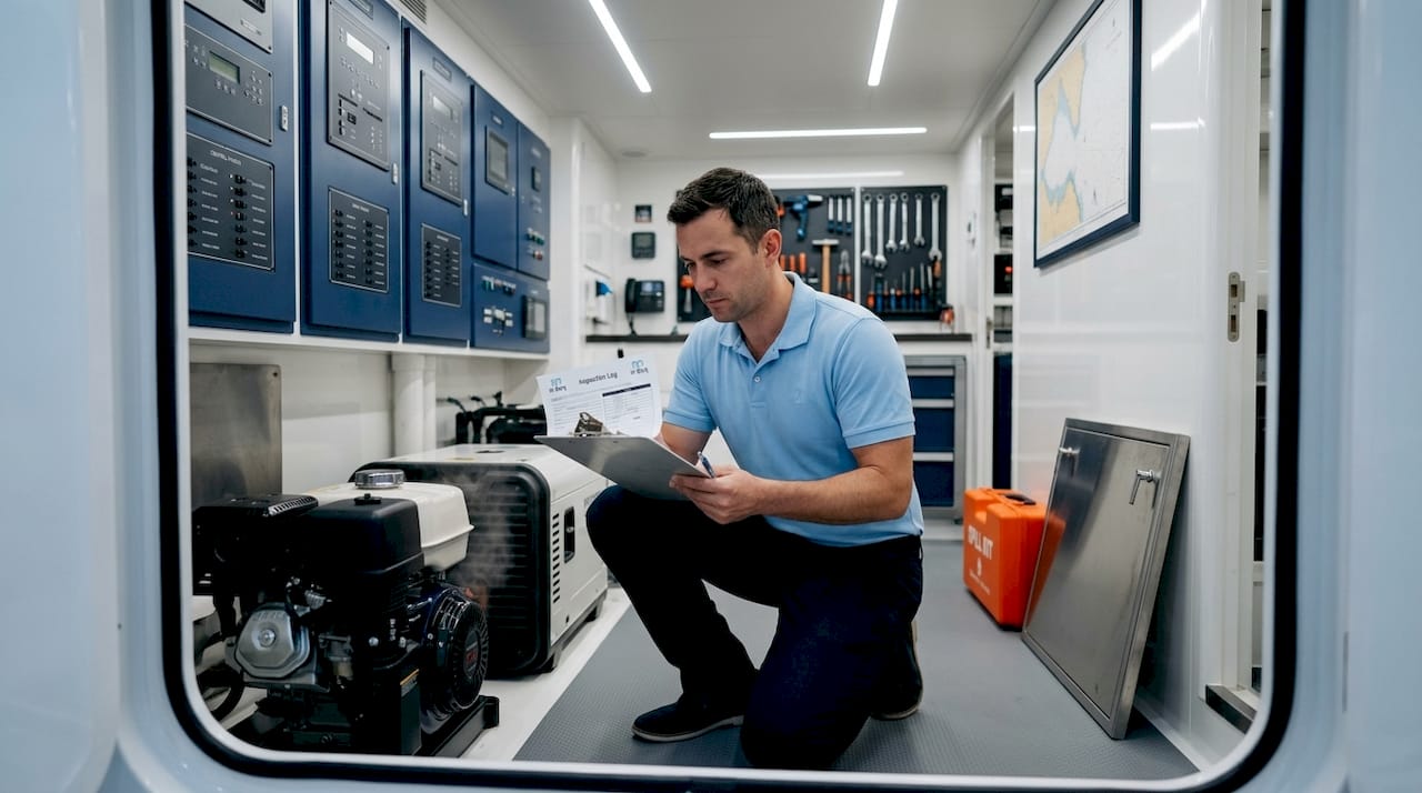 Technician inspecting marine generator on yacht