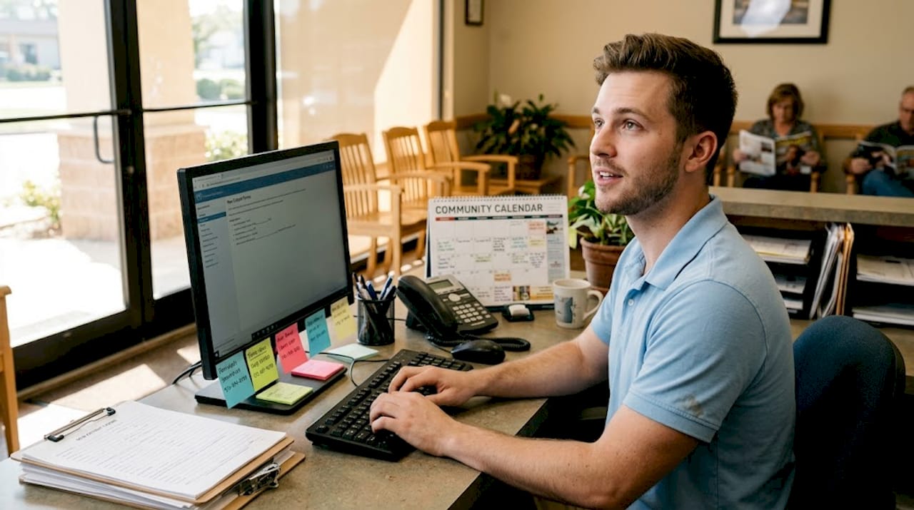 Receptionist records patient referral source at desk