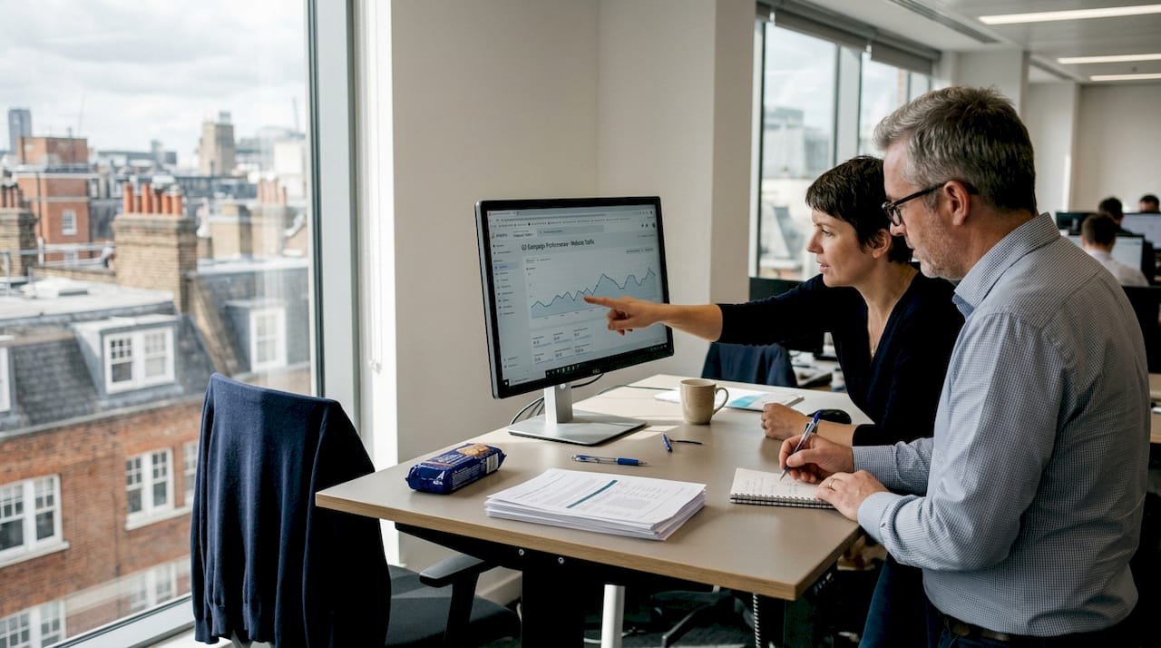 Colleagues discuss digital marketing analytics in office