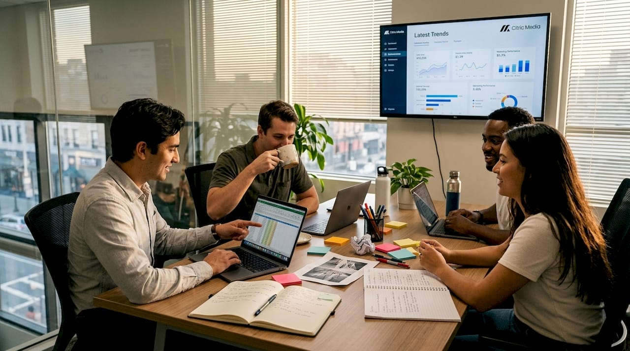 Agency team discussing recent digital trends