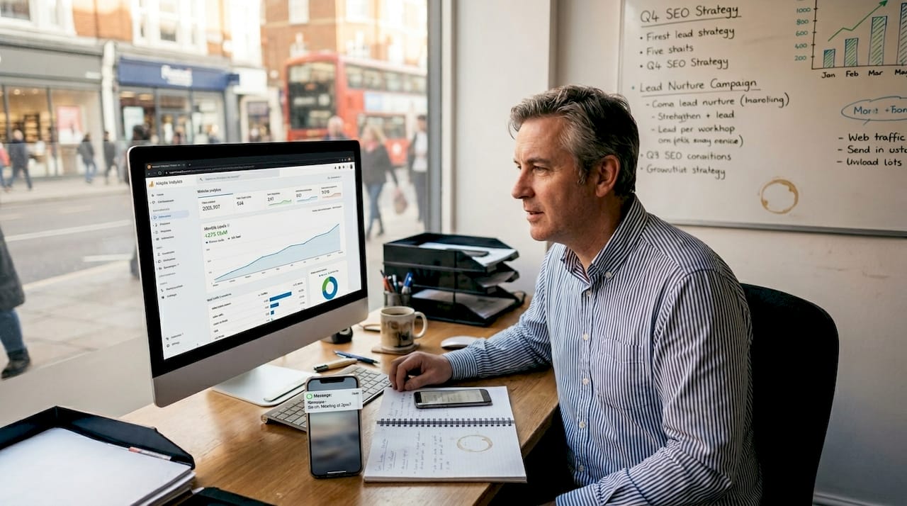 Business owner reviewing website leads from blogging