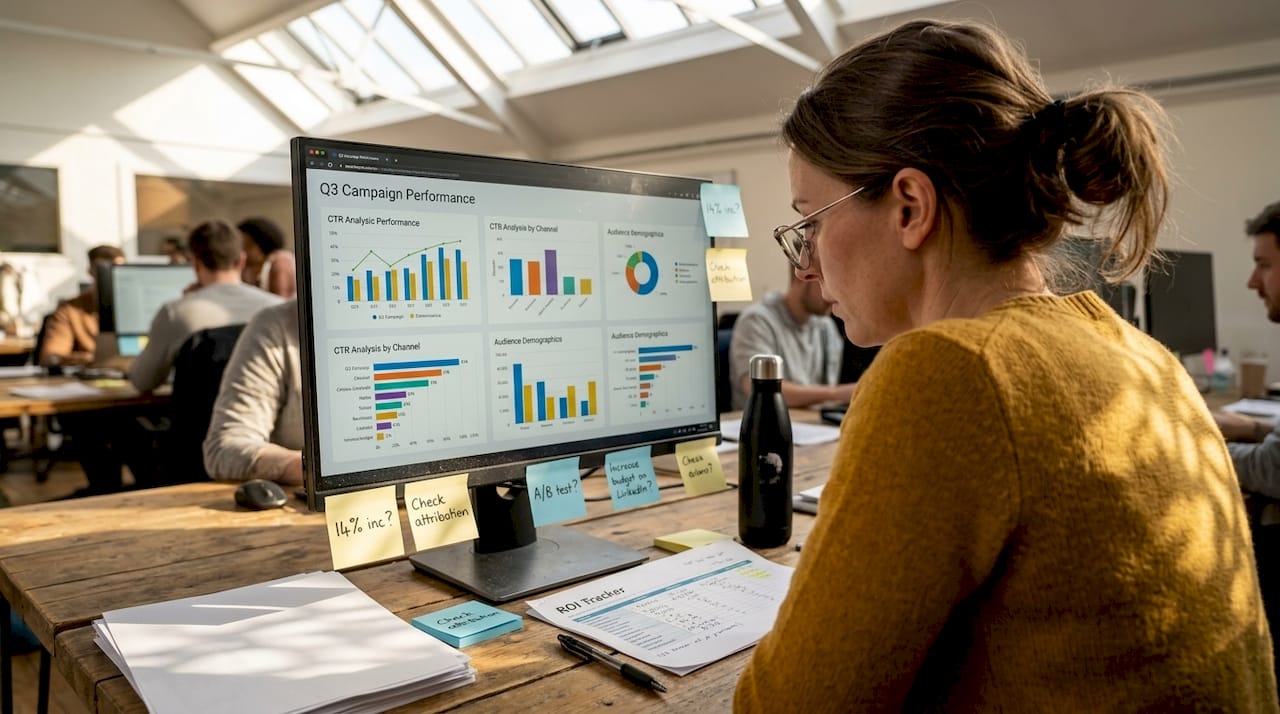Reviewing marketing analytics at office desk