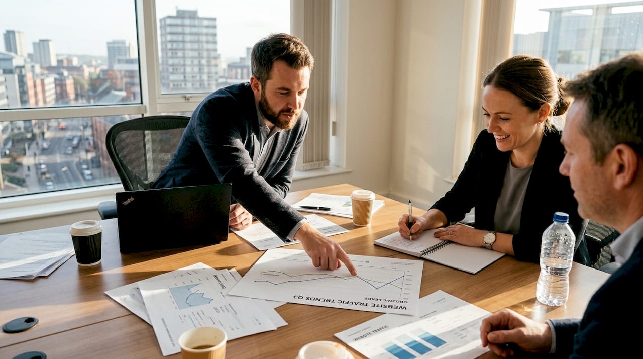Team reviewing SEO traffic chart