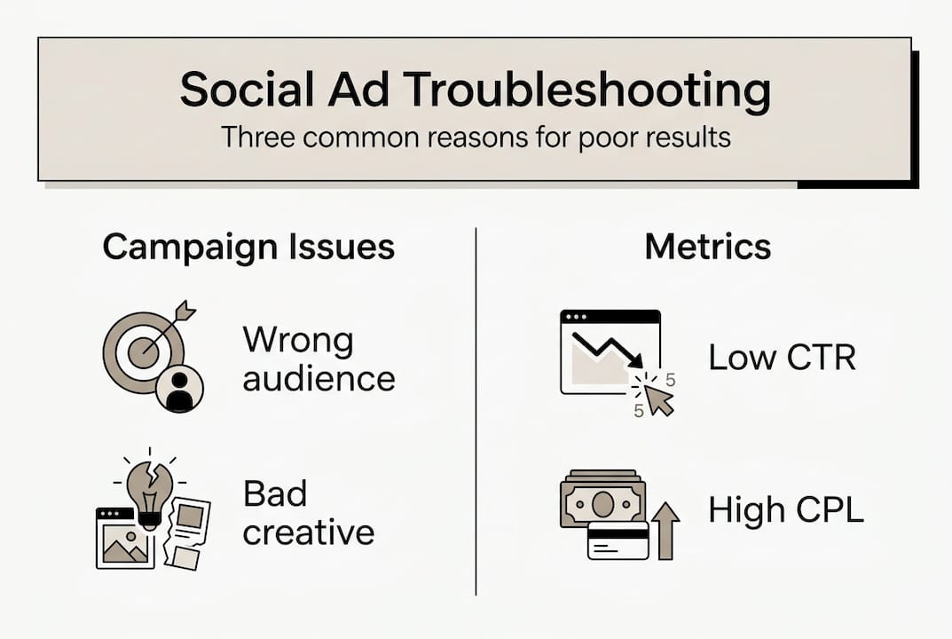 Infographic outlining social ad troubleshooting steps