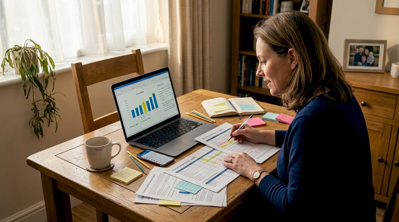 Marketing manager reviews digital channel reports