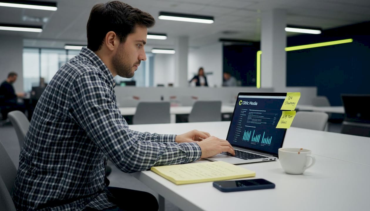Strategist segmenting remarketing audiences at shared workspace