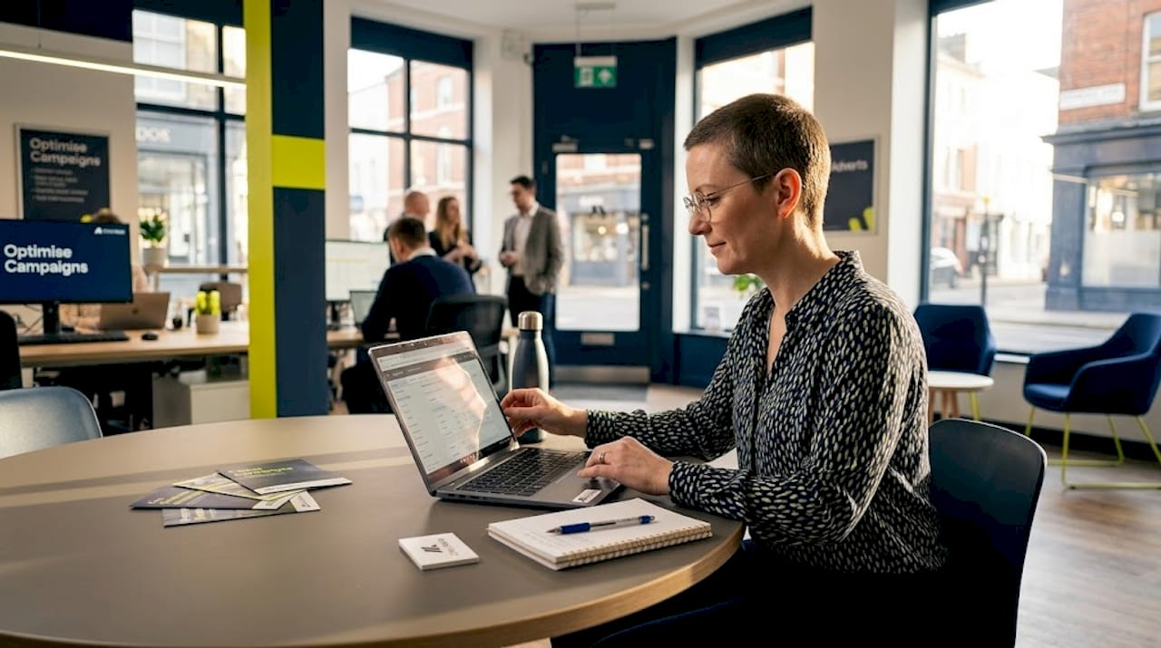 Woman adjusting Google Ads in shared office