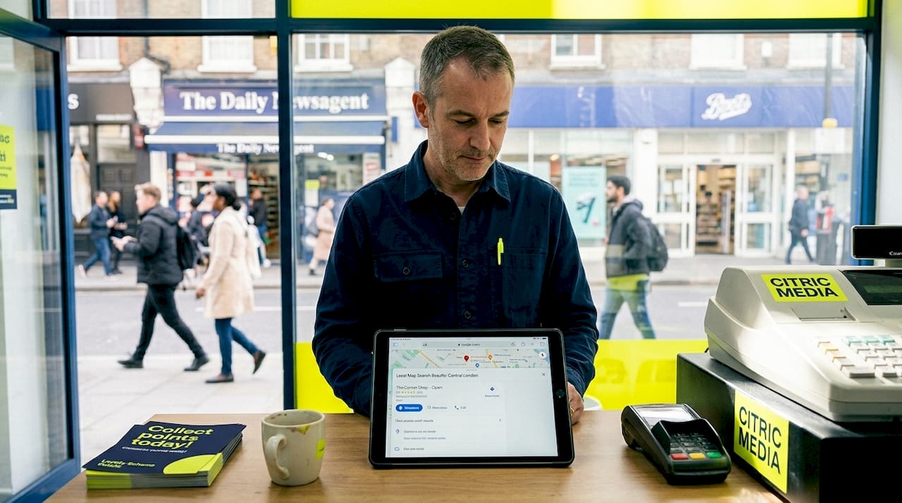 Shopkeeper viewing local search map on tablet