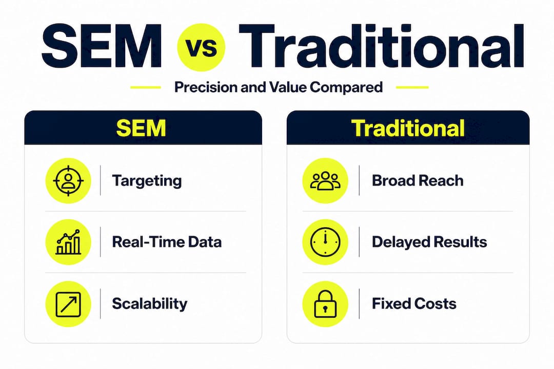 Infographic comparing SEM and traditional marketing