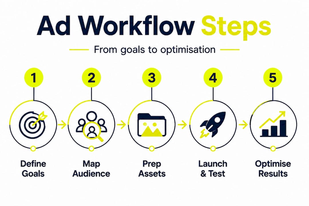 Infographic outlining social ad workflow steps
