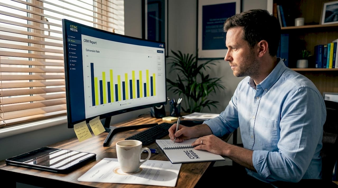 Marketer analyzing CRM lead conversion rates