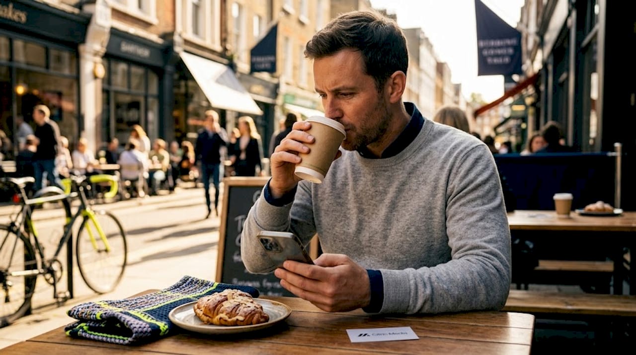Man browsing search results in café