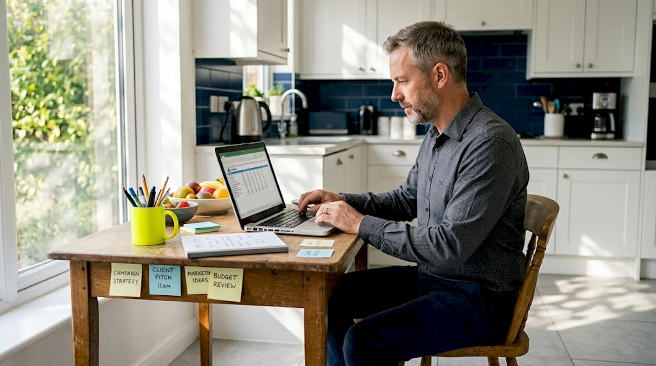 Small business owner budgeting at kitchen table