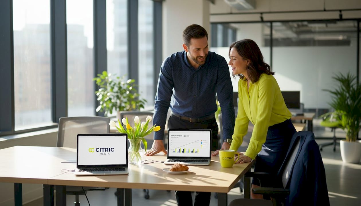 Coworkers discussing digital search trends