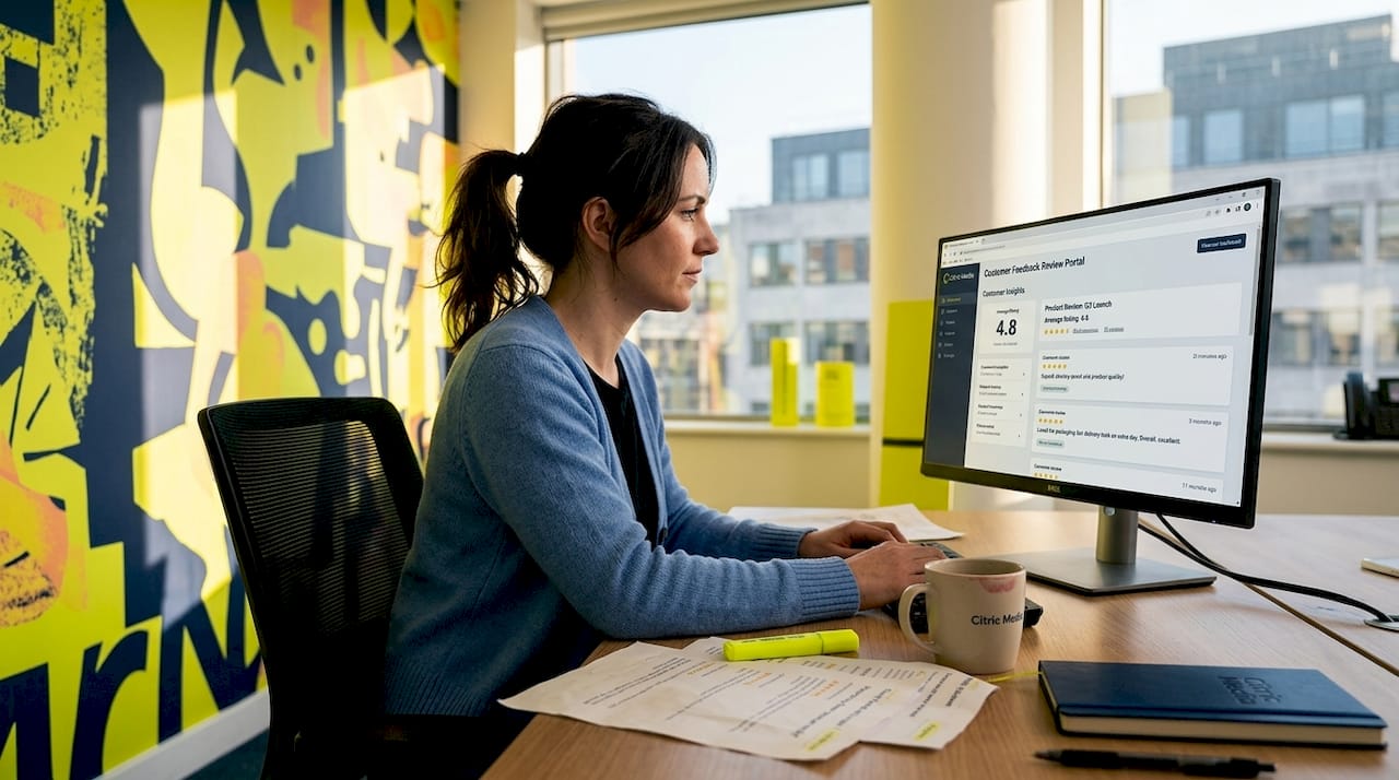 Manager reviewing online product reviews at desk