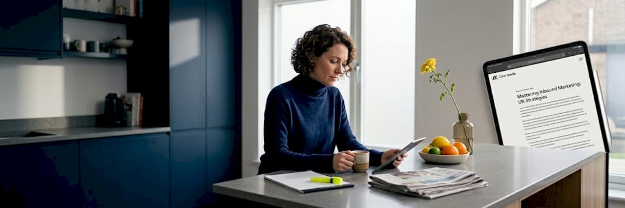 Woman reading inbound marketing article at kitchen bar